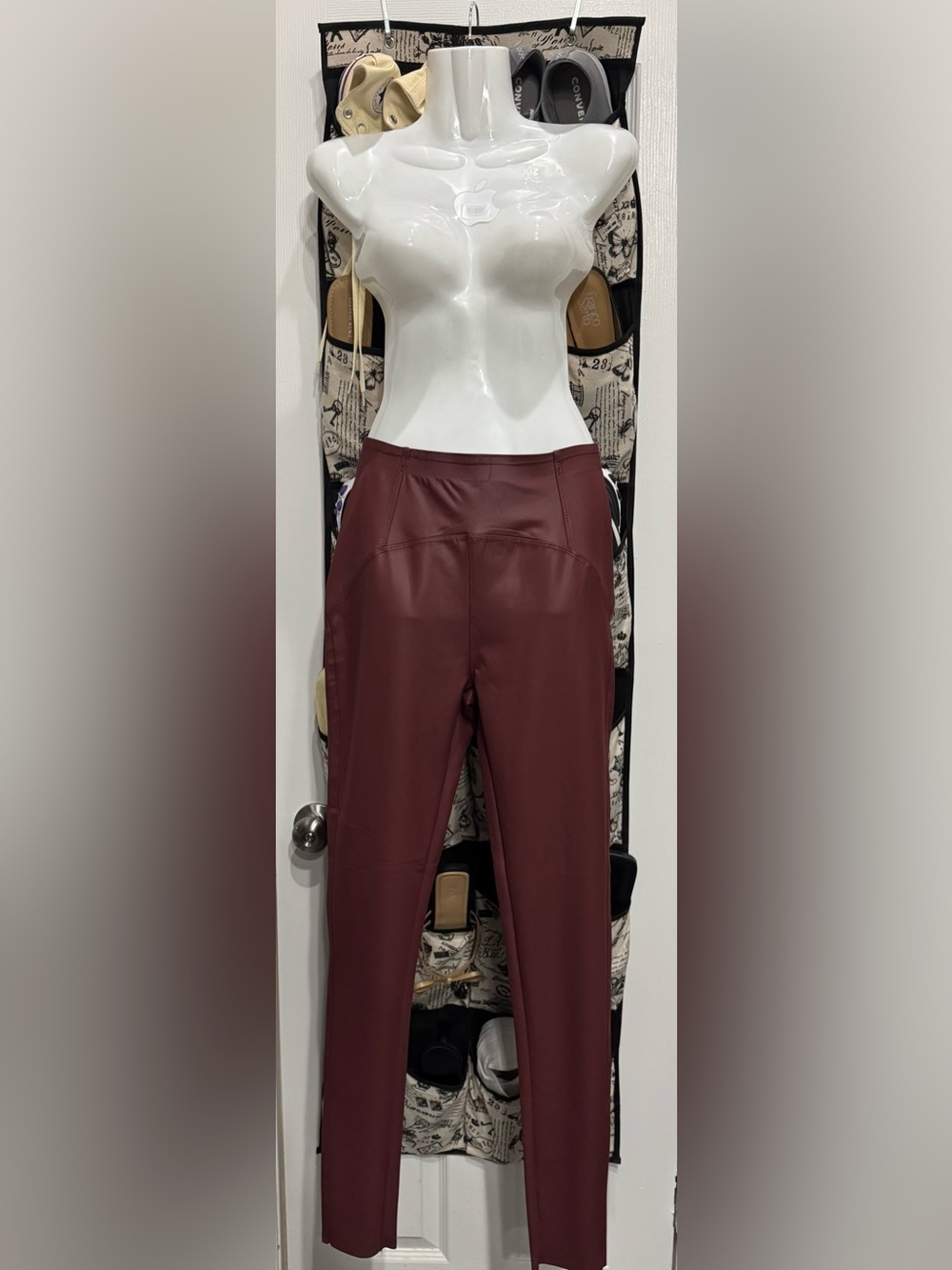 Womens Burgundy Faux Leather Slim Sight Stretch Pants